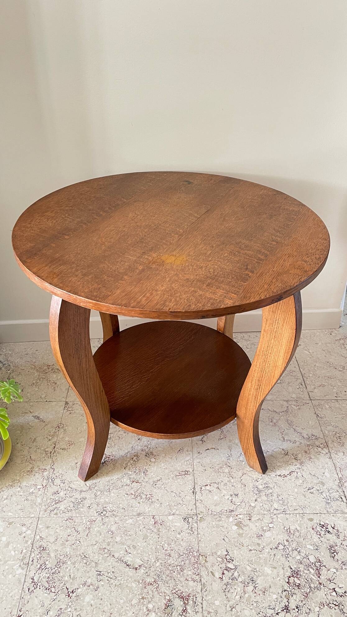 Vintage round oak coffee table with 2 shelves