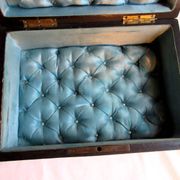 19th century Napoleon III box, blue silk padded jewelry box in elm burl