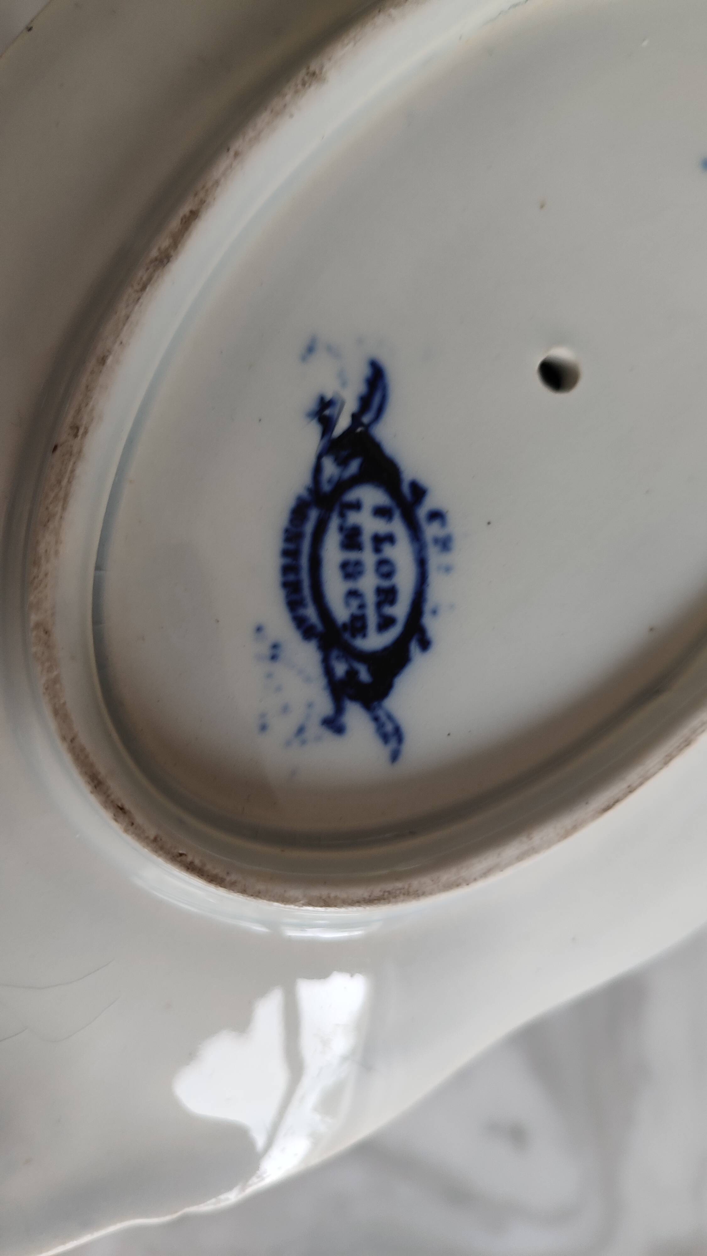 Antique sauceboat signed Creil et Montereau, Flora LM et Cie