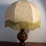 Solid wood floor lamp with 50s fabric and leather shade
