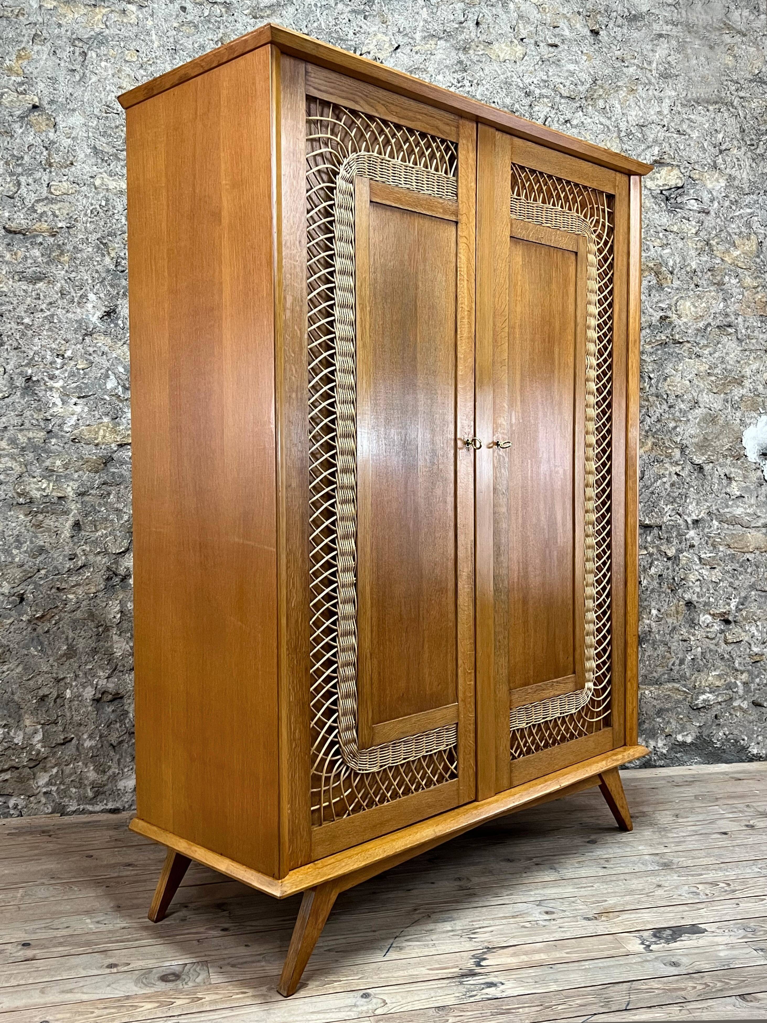 2 Door Wardrobe - Oak and Rattan - Compass Feet - Vintage 50/60's