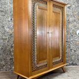 2 Door Wardrobe - Oak and Rattan - Compass Feet - Vintage 50/60's