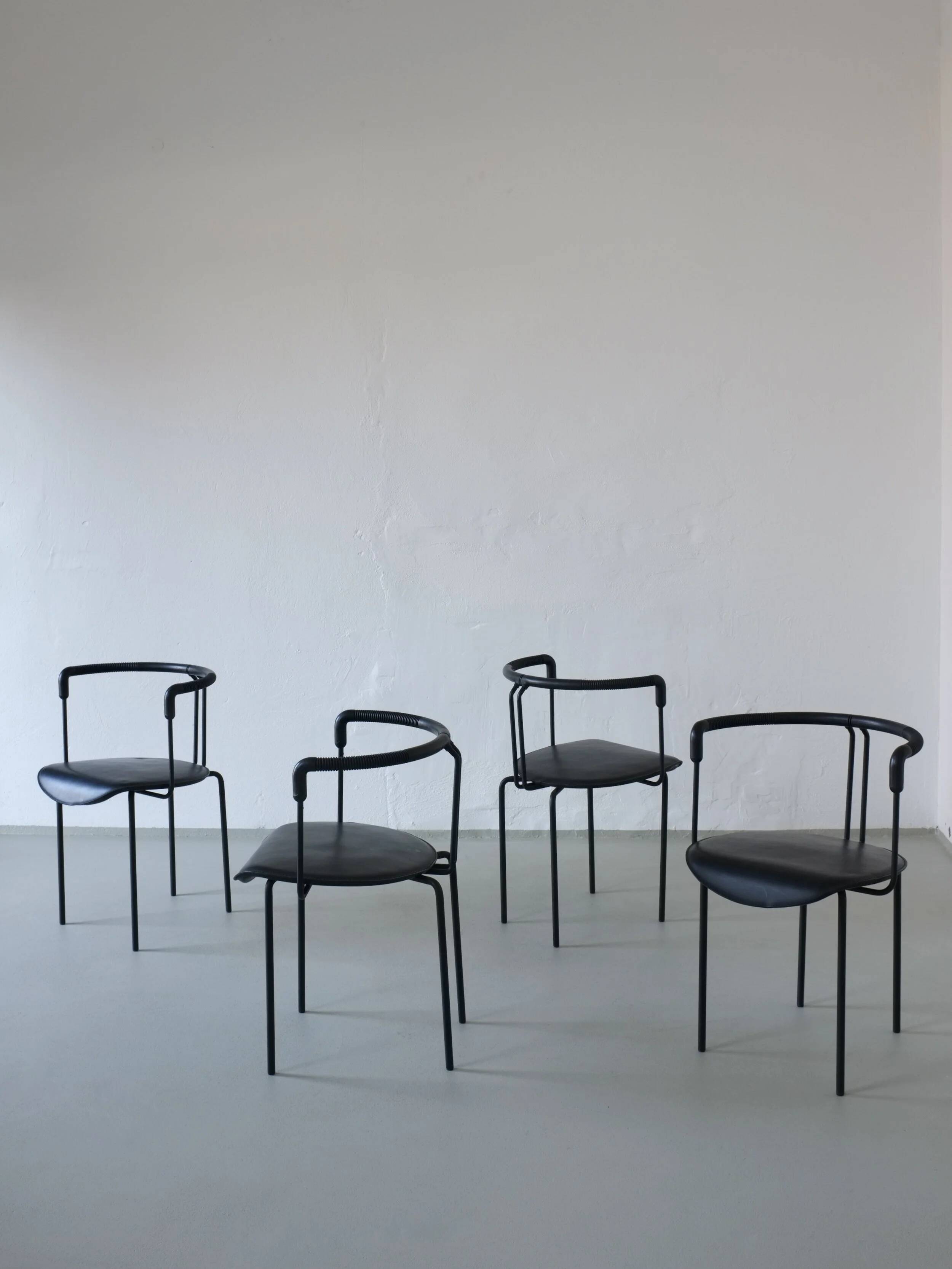 4 postmodern black leather armchairs from Cidue, Italy, 1990s