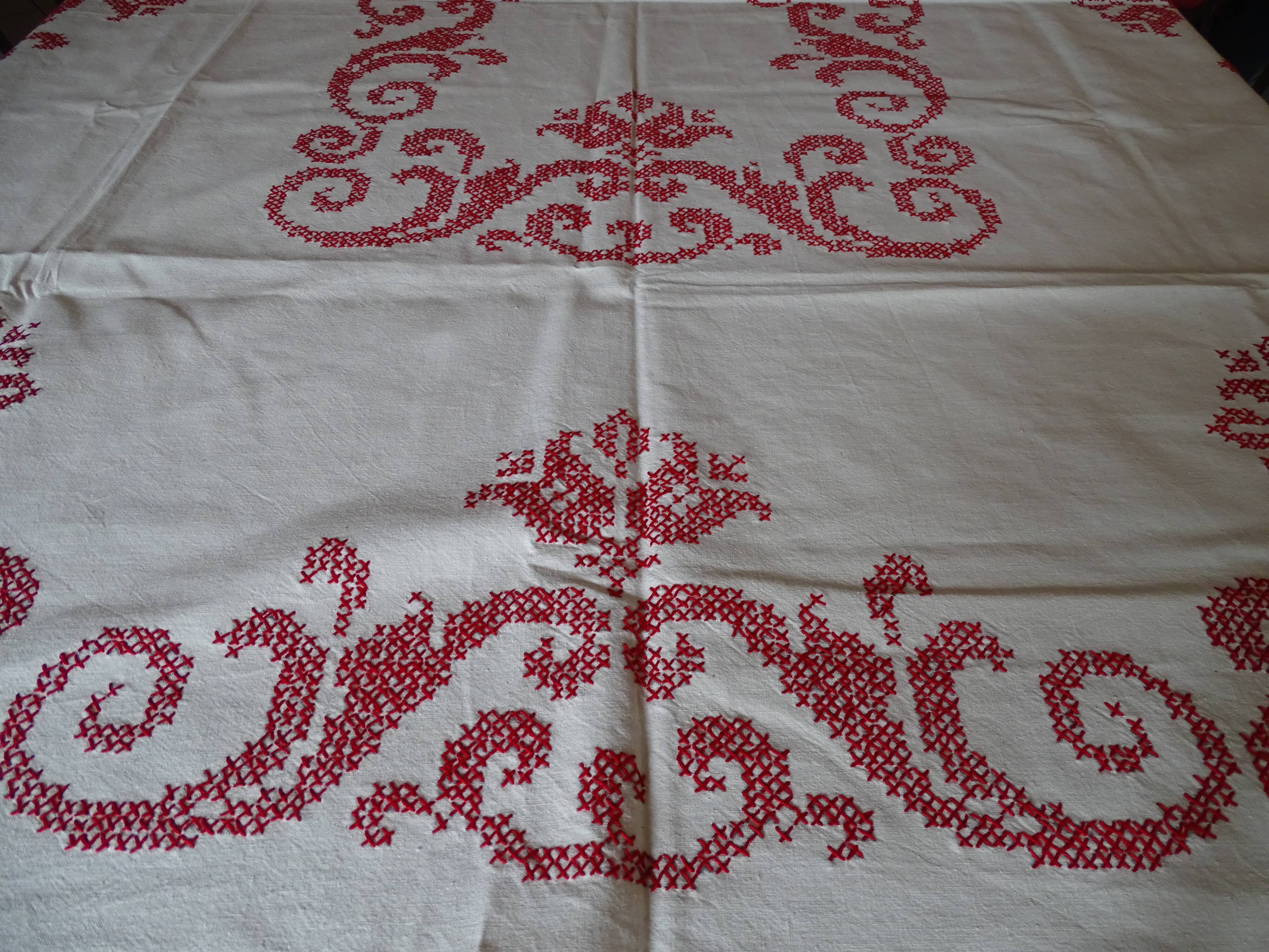 Cross-stitch embroidered tablecloth 160 x 130 in cotton