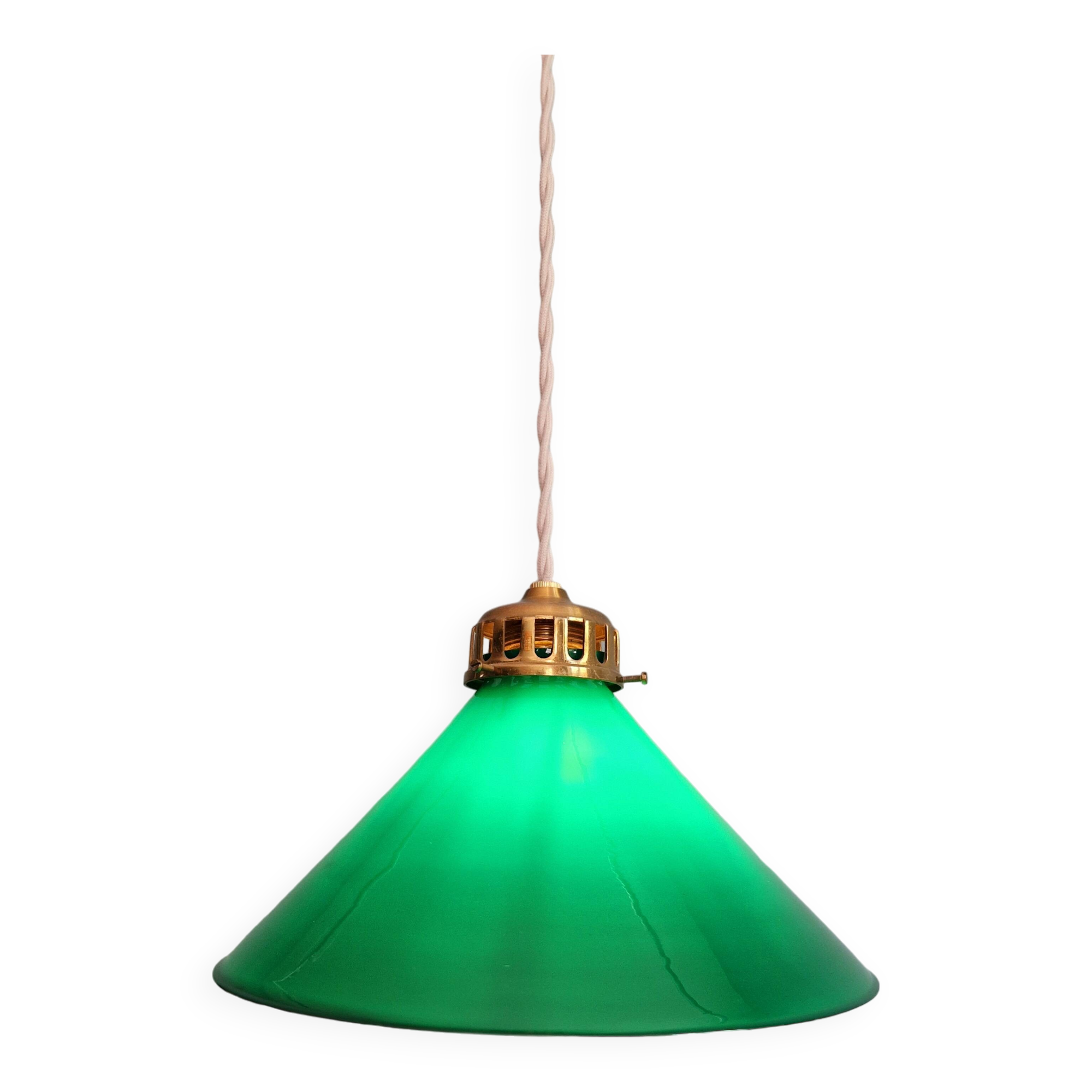 Art Deco pendant light in conical green opaline, 1920s-30s