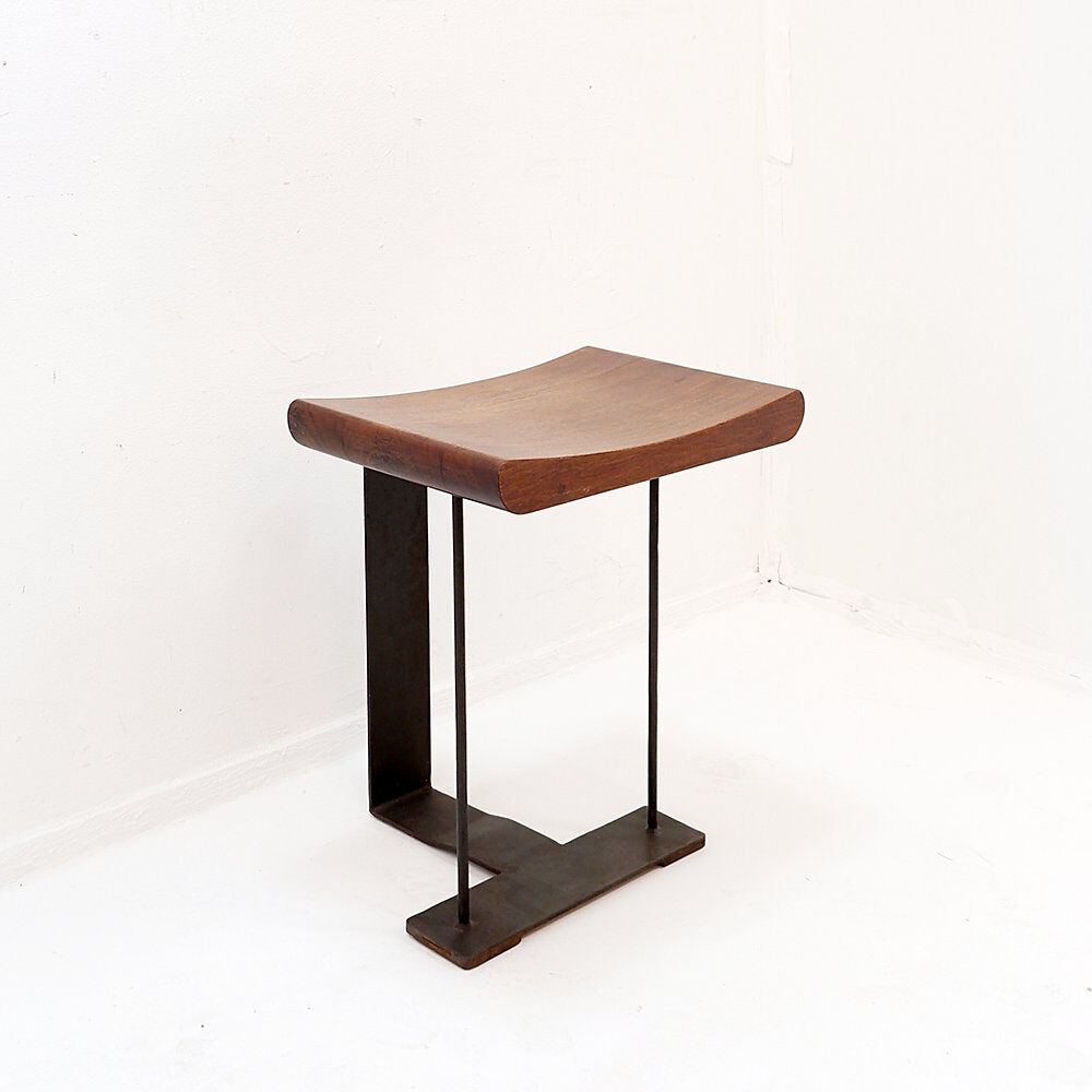 Vintage wooden and metal stool in the style of the "T" model by Pierre Chareau.
