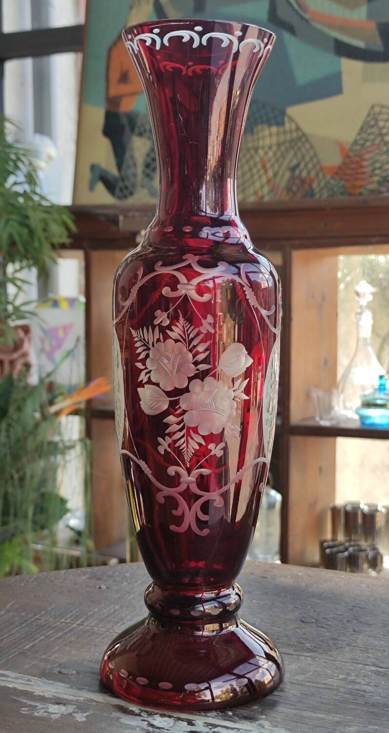 Old engraved red crystal vase