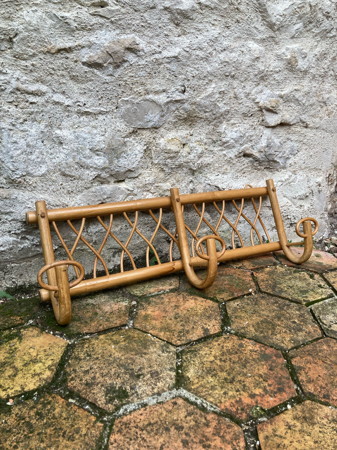 Vintage rattan wall coat rack