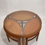 Glass and teak pull out coffee tables