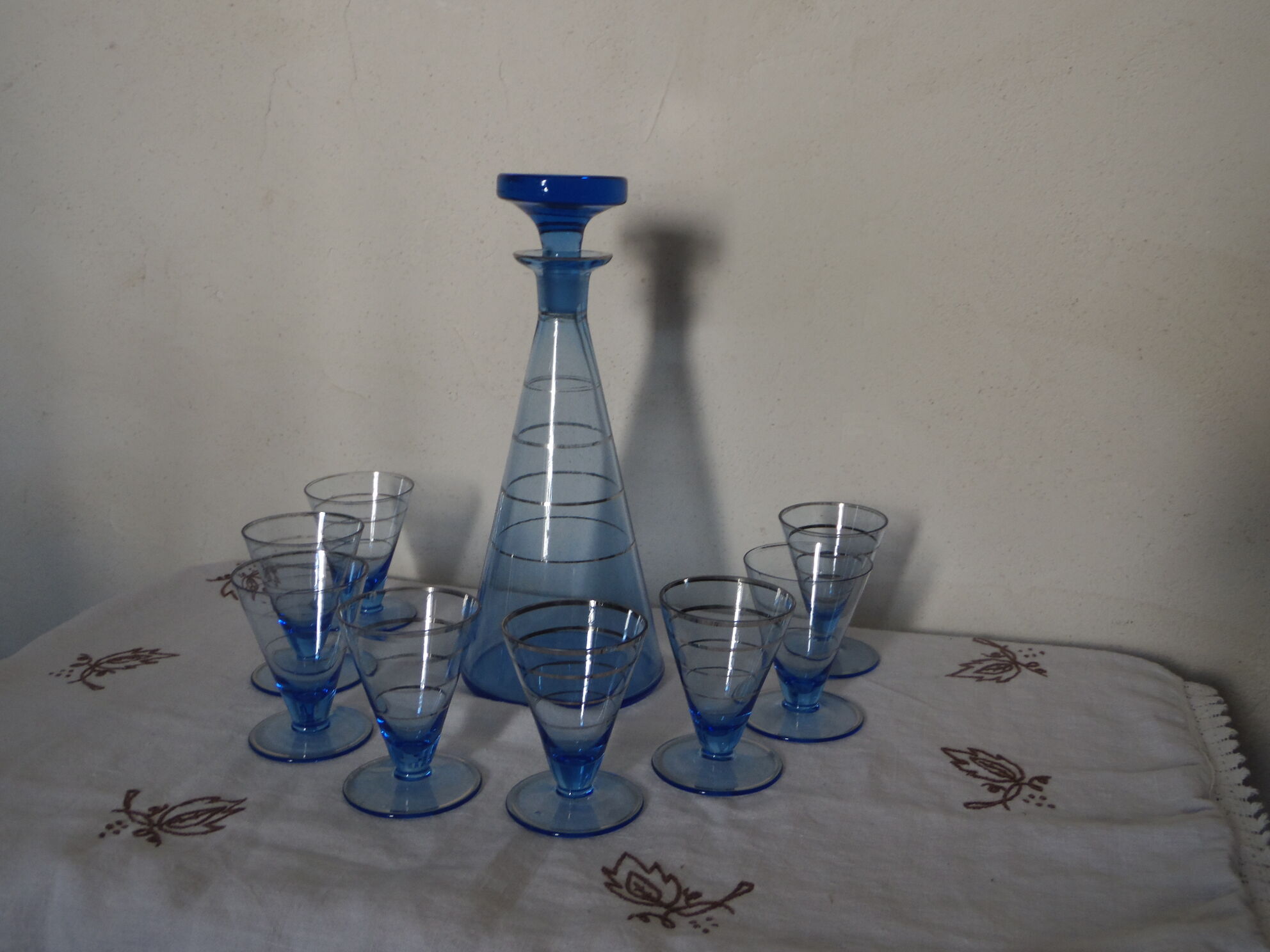 Service a liqueur verre bleu et argent vintage 50's