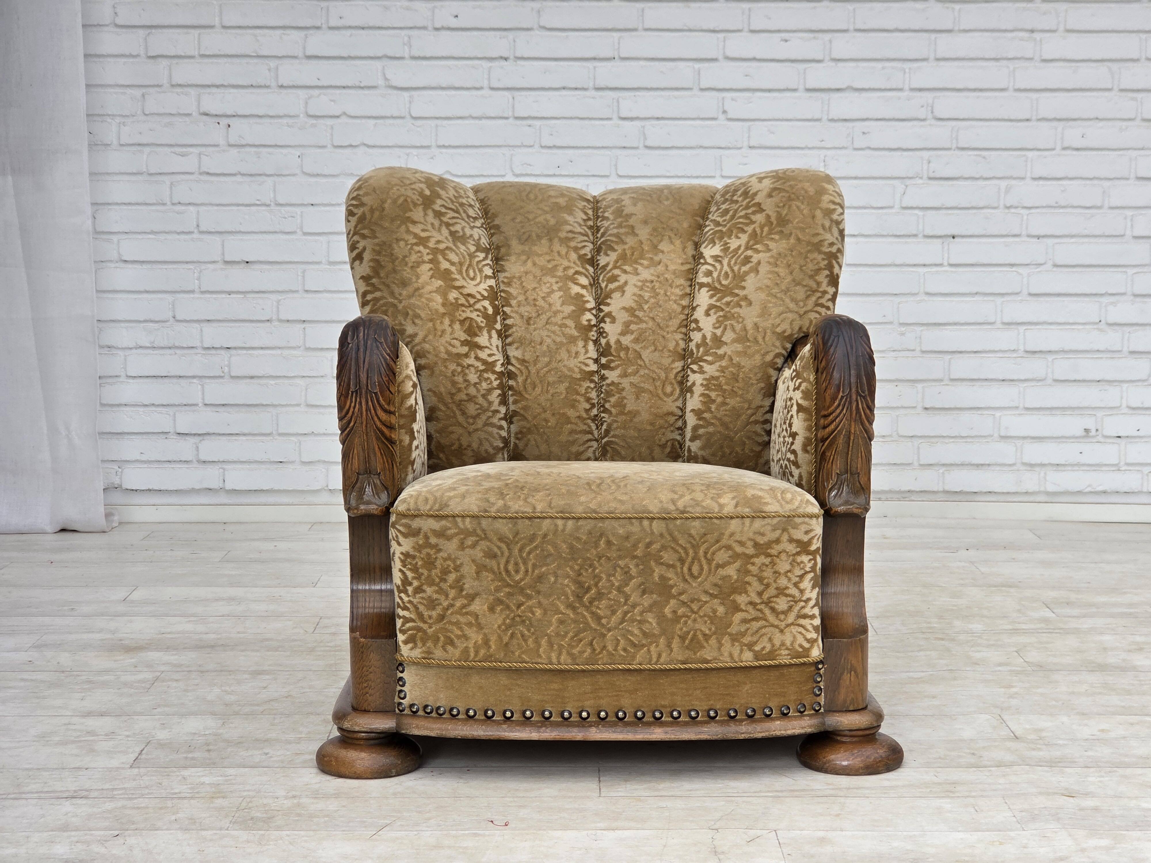 1950s, Danish relax armchair, furniture velour, carved oak wood.