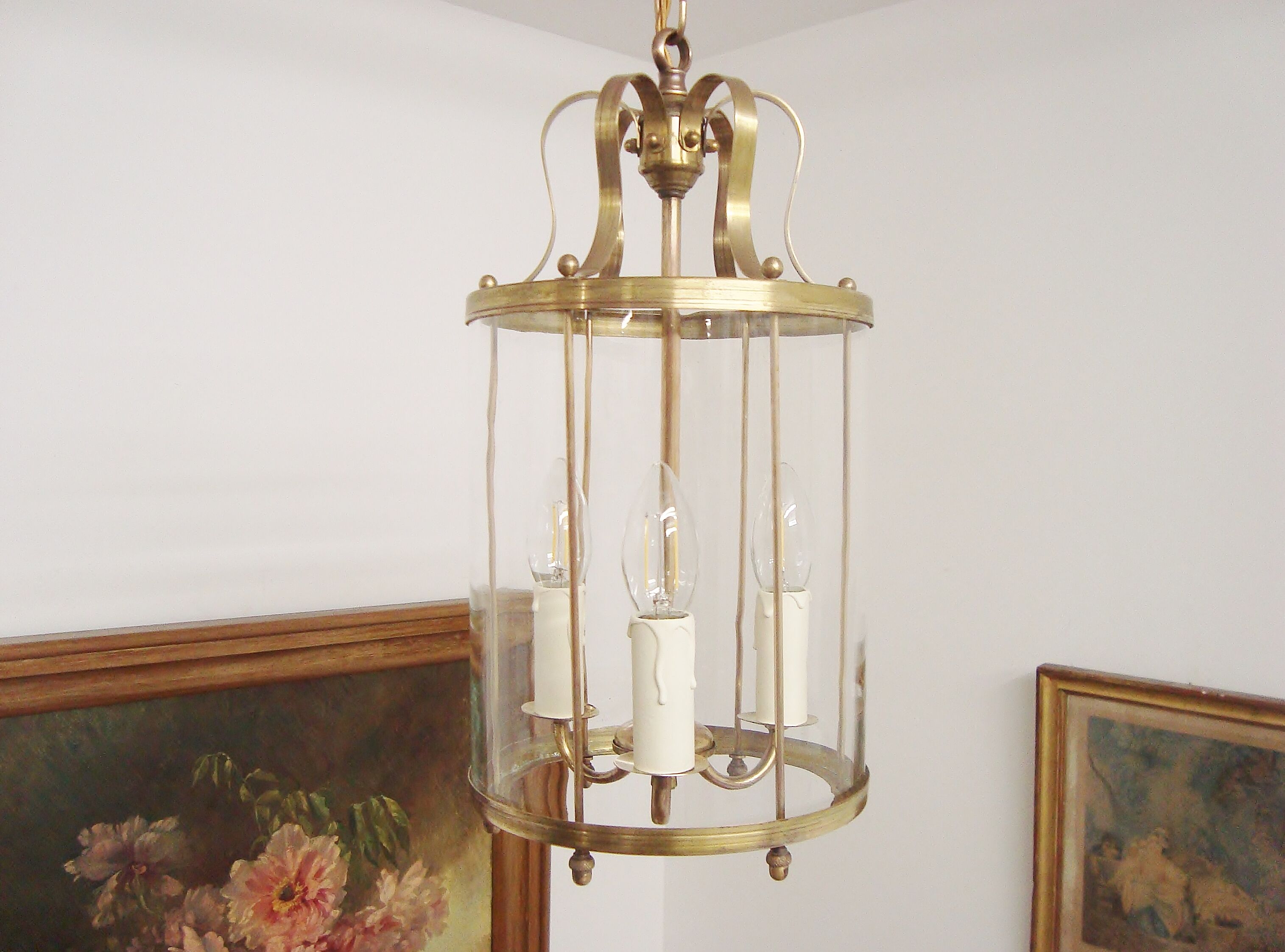 Vintage round brass chandelier Vestibule pendant lamp from the fifties