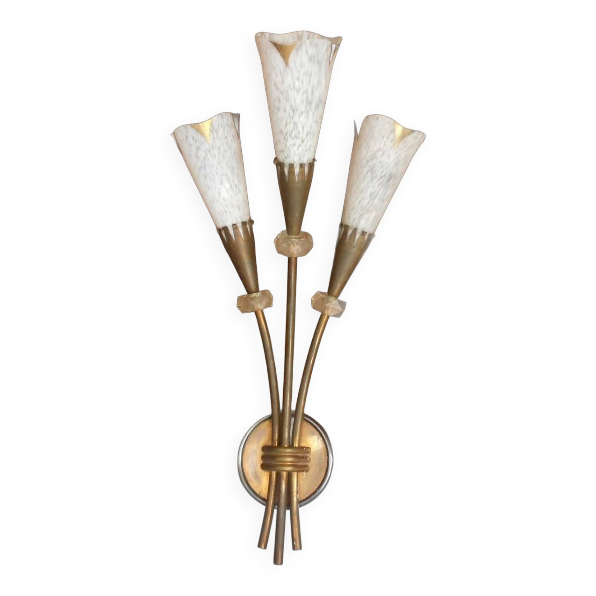 Vintage annees 50 applique murale laiton 3 tulipes verre mouchete maison lu