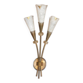 Vintage annees 50 applique murale laiton 3 tulipes verre mouchete maison lu