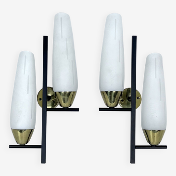 Mid-Century pair of double lights sconces in brass and opaline glass. Italy 1950s