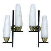 Mid-Century pair of double lights sconces in brass and opaline glass. Italy 1950s