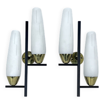 Mid-Century pair of double lights sconces in brass and opaline glass. Italy 1950s
