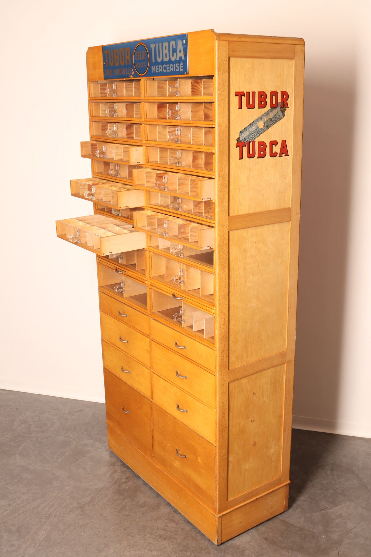Xl vintage haberdashery 'tubor tubca' by poreye & fils - belgium - 1950's