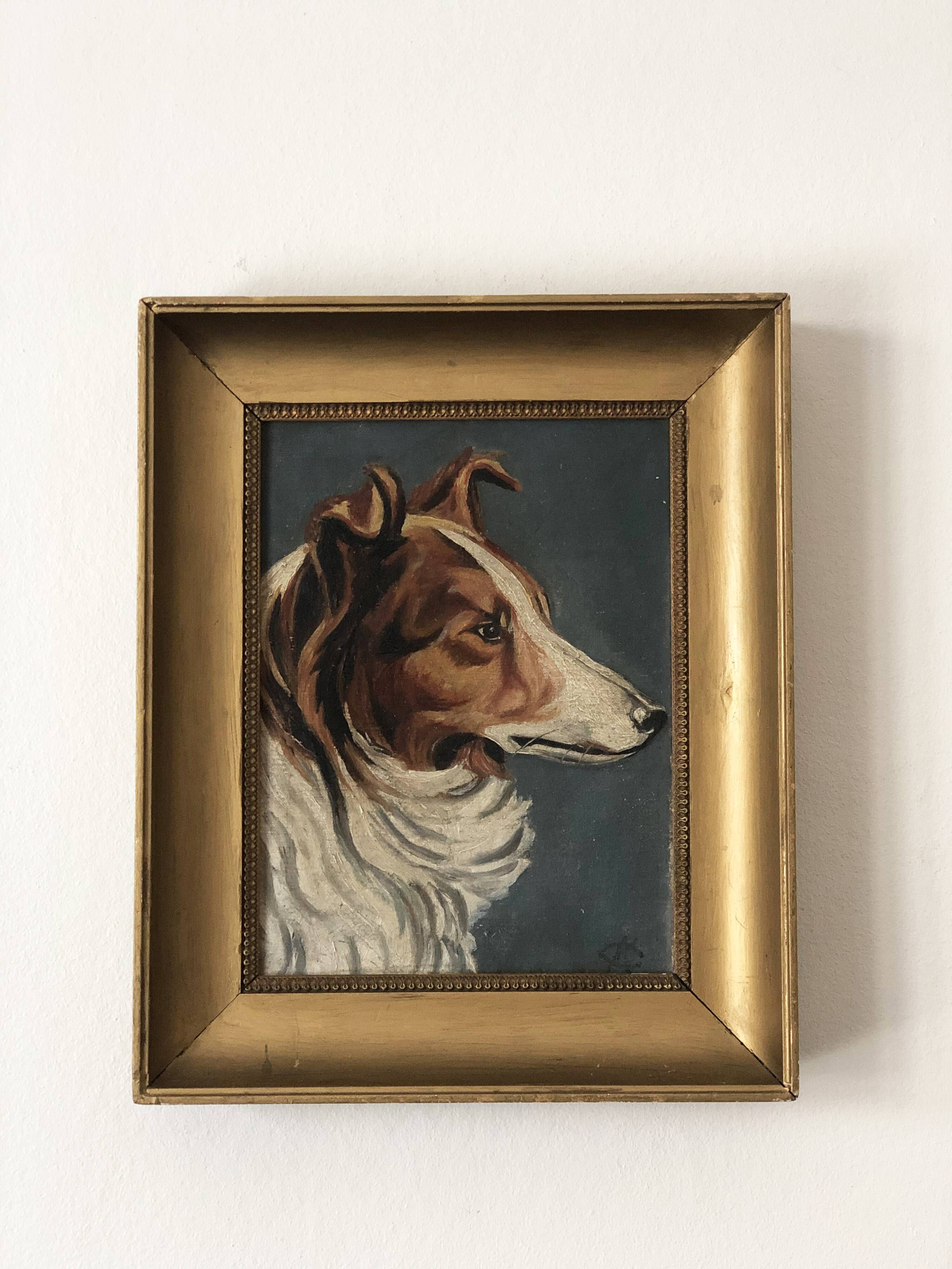 Original Vintage Dog Portrait Oil Painting, circa 1914