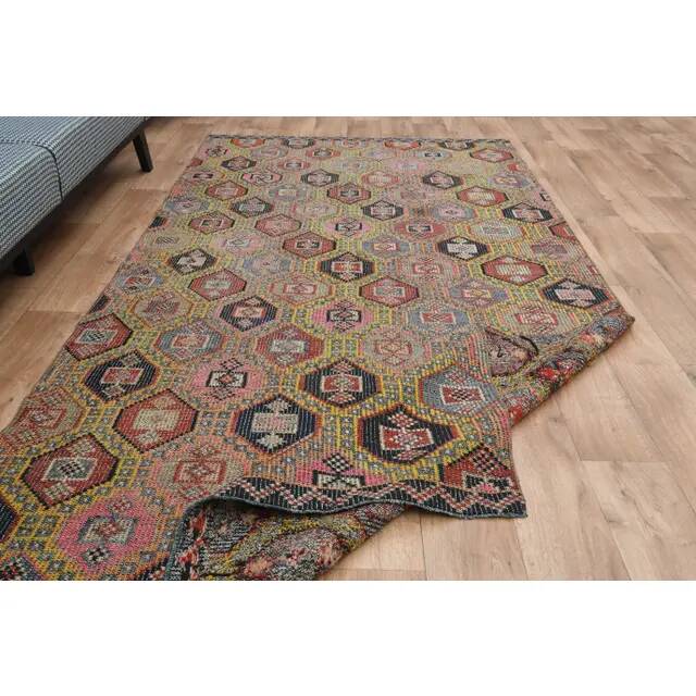 1970s Vintage Turkish Oushak Handmade Colorful Runner Rug 145x243
