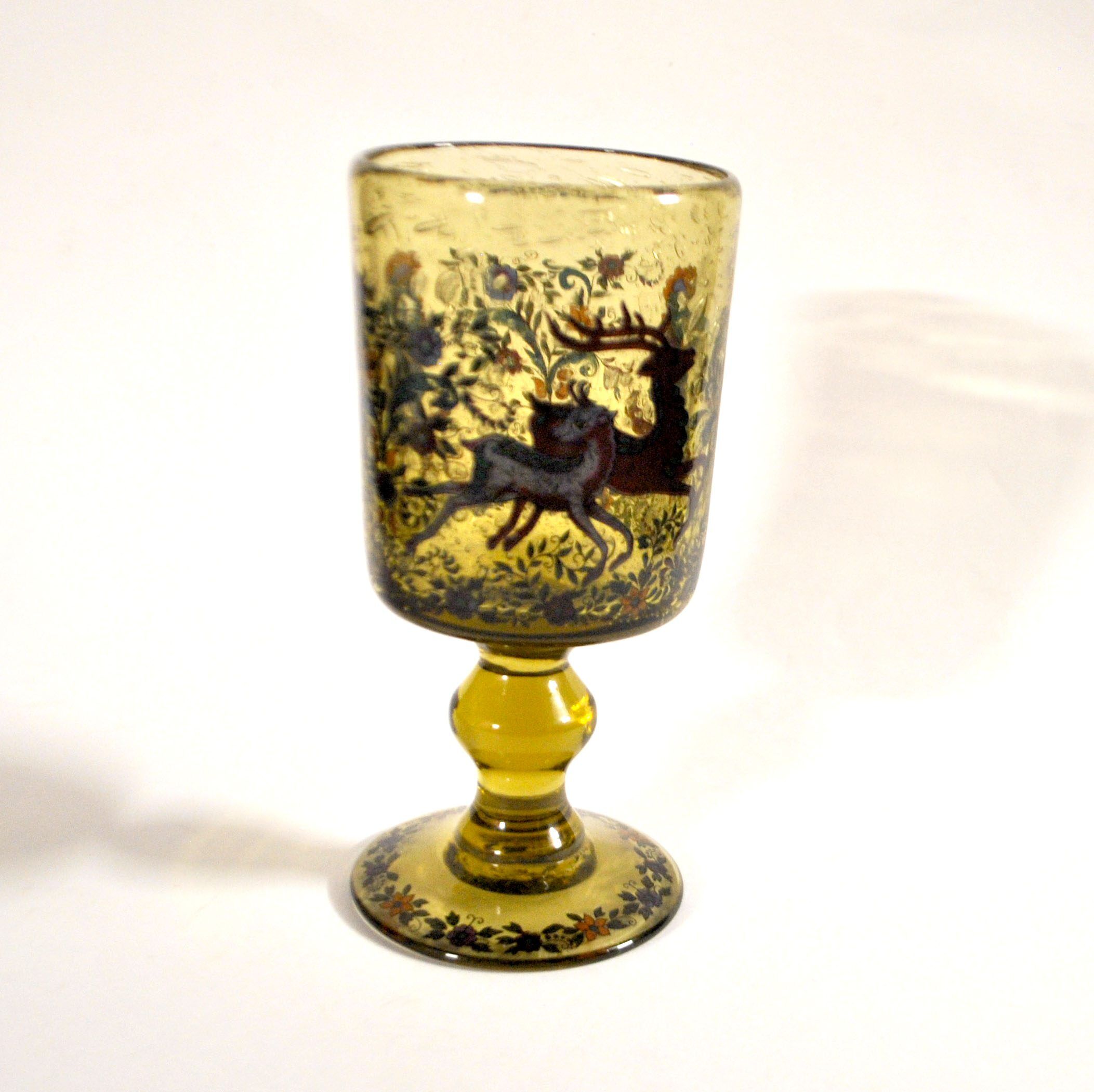 Roemer glass in bubble glass, enamelled, hunter Alfred TAUBE VOHENSTRAUSS Germany