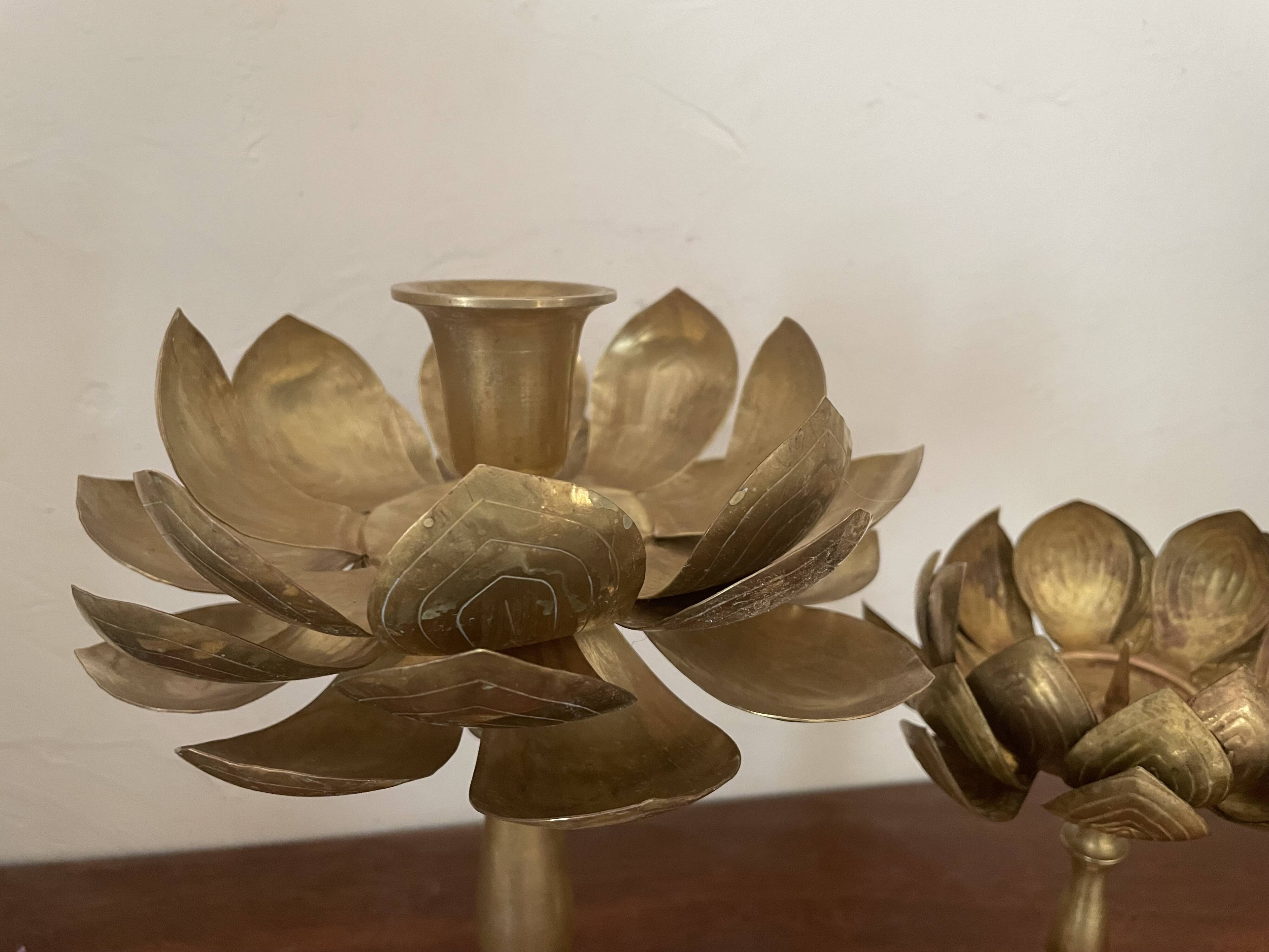 Set of two old brass lotus flower candlesticks