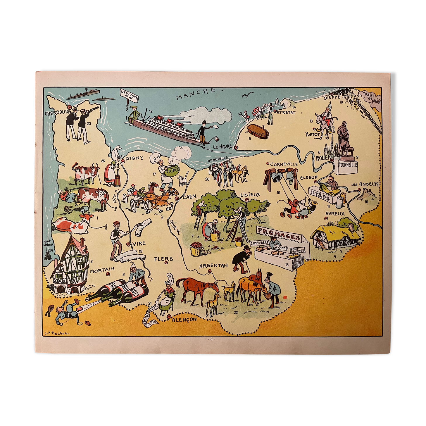 Old illustrated map of Normandy 1935 - JP Pinchon