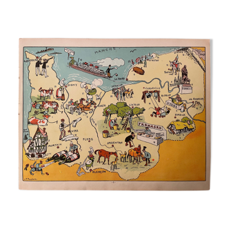 Affiche ancienne carte illustrée de la Normandie 1935 - JP Pinchon