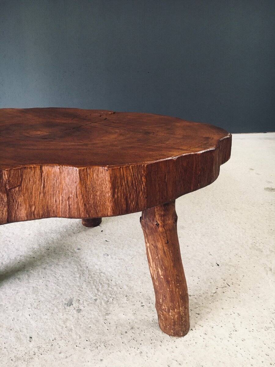 Handcrafted Teak Tree Trunk Tripod Coffee Table, 1960s