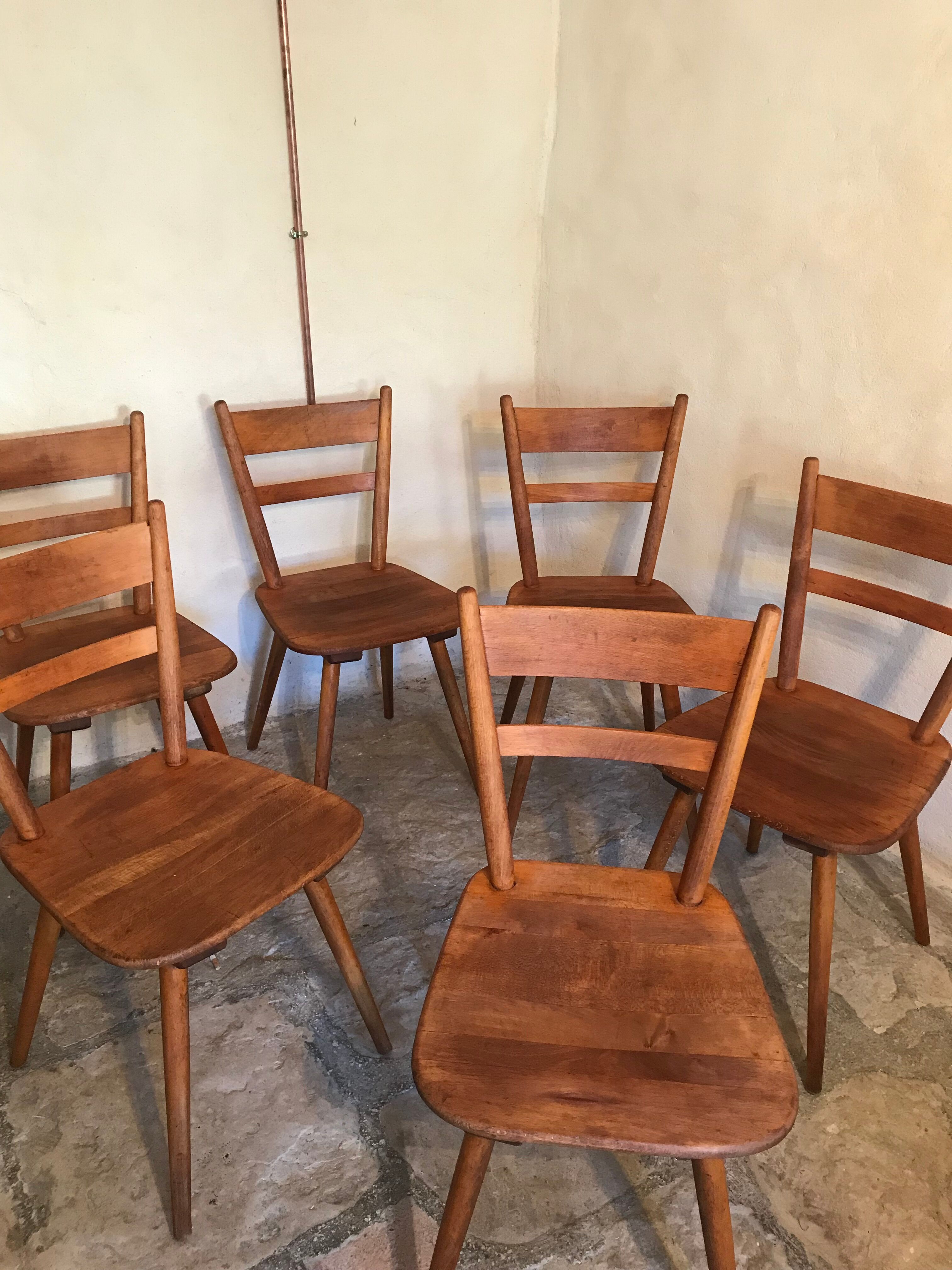 Set of 6 vintage solid wood chairs with compass legs 1960's