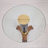 Postmodern Glass, Brass and Wood Side Table, Germany, 1980s