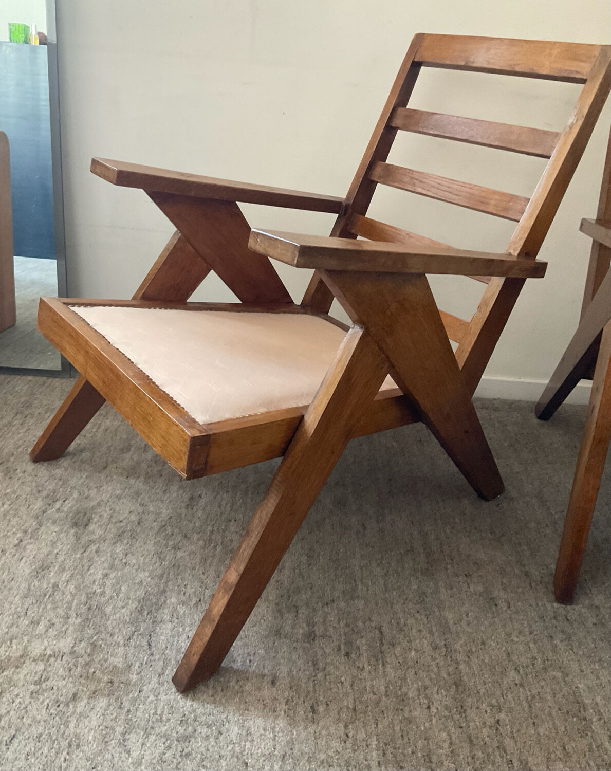Pair of compass-legged armchairs, 1960s