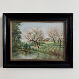 Oil on panel 20th century watercourse trees in bloom blackened wooden frame
