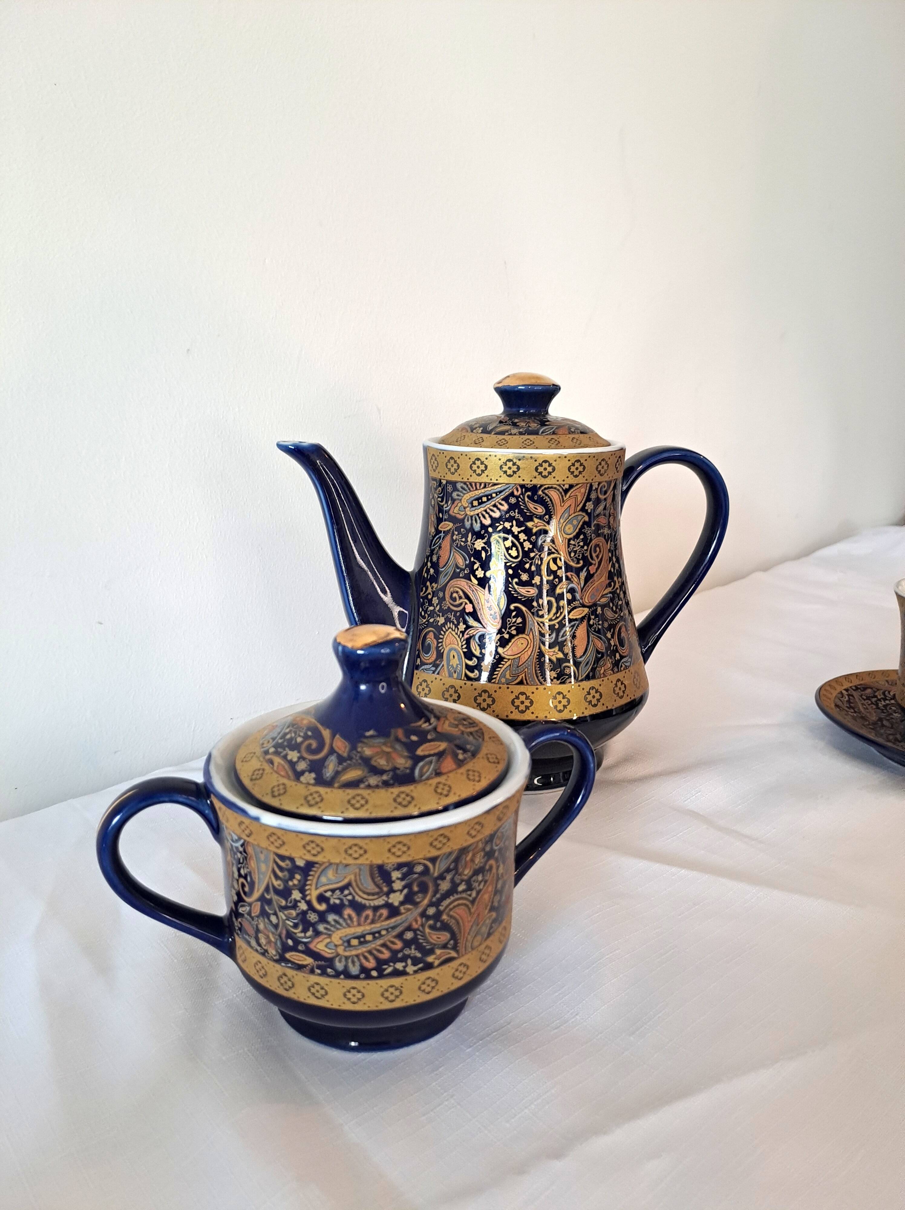 Service à café vintage D&S France – porcelaine bleue et or – 13 pièces