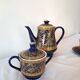Service à café vintage D&S France – porcelaine bleue et or – 13 pièces