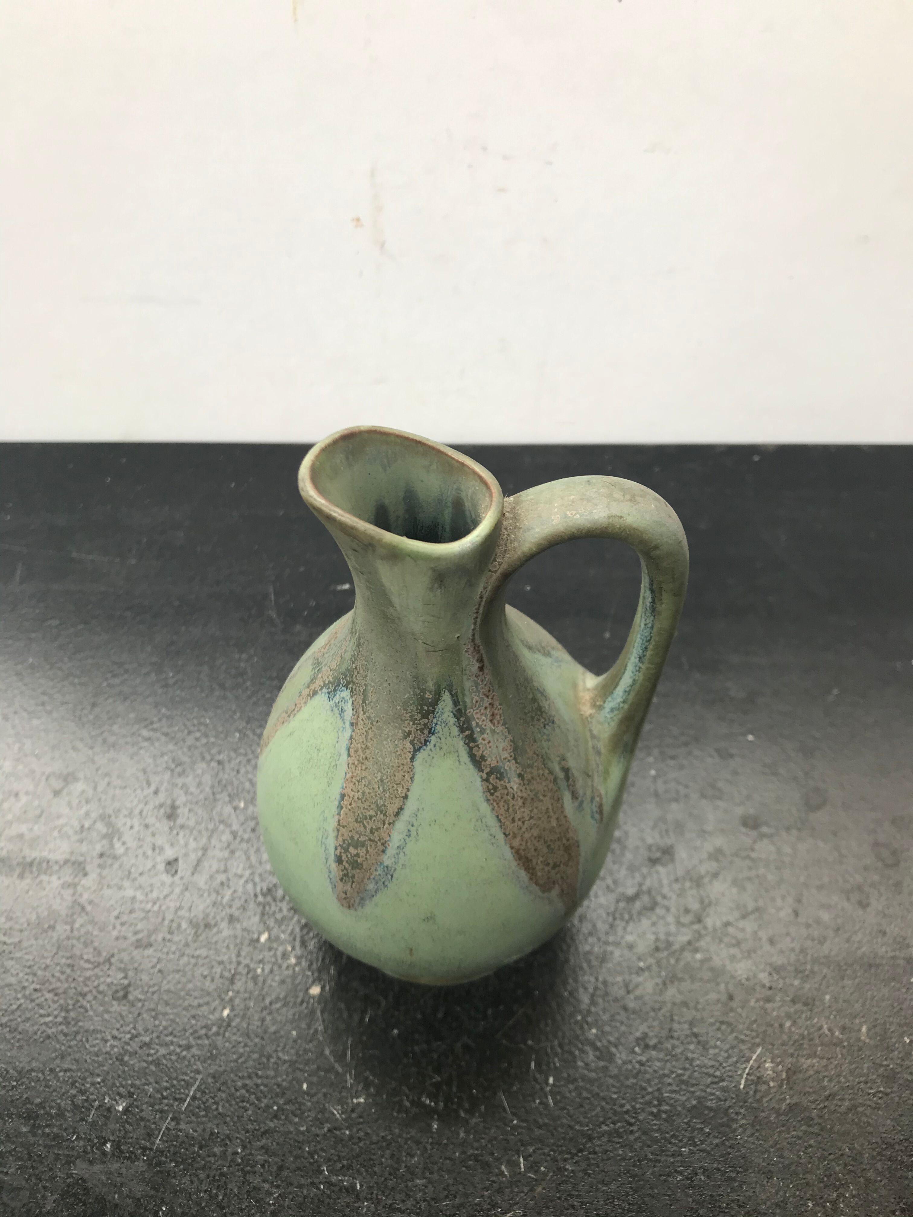 Former Green Ceramic Pitcher Signed 70s Vintage