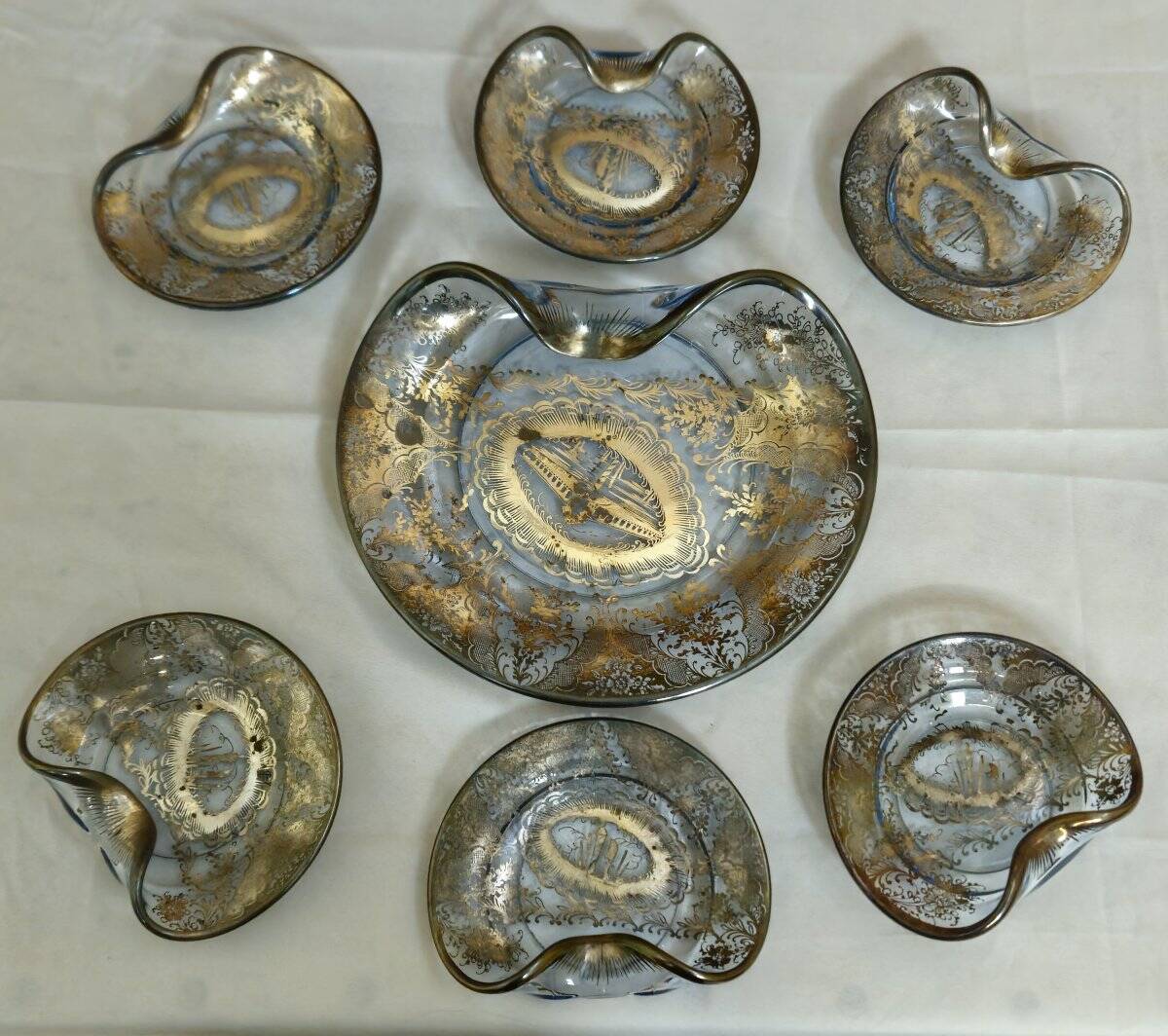 Service ancien en verre argenté – 7 pièces – Venise – décor gravé