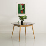 Round table, black lacquered top, solid oak base