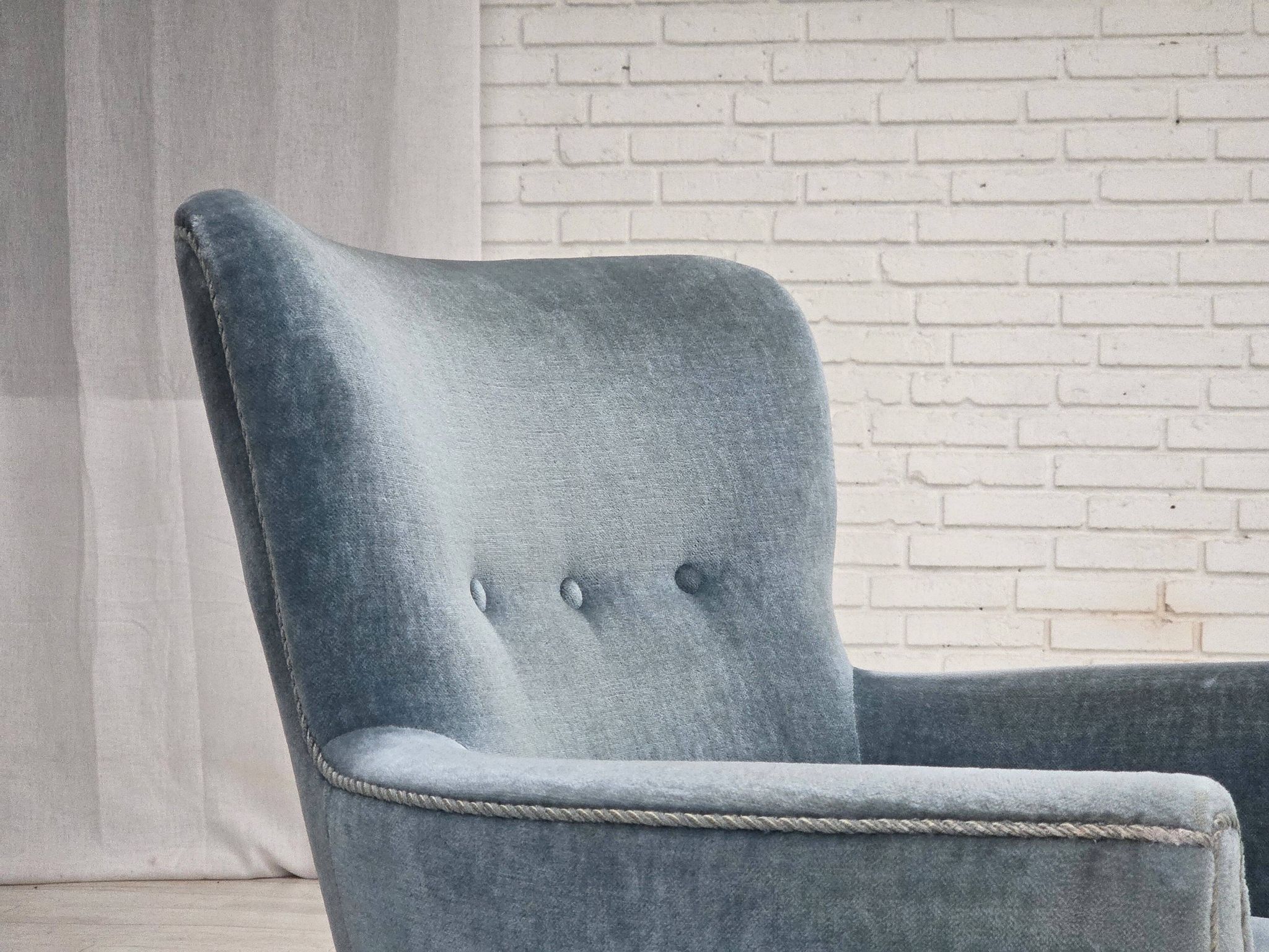 1970s, Danish armchair with footstool, blue furniture velour, oak wood legs