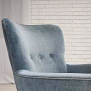 1970s, Danish armchair with footstool, blue furniture velour, oak wood legs