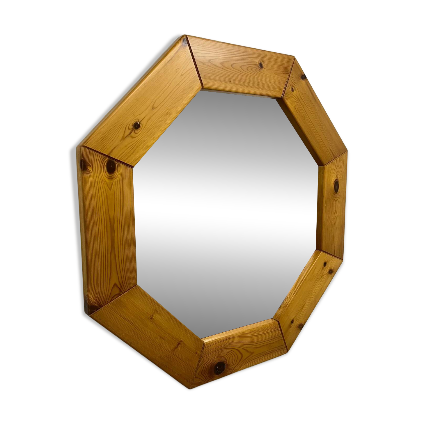 Large octagonal pine mirror, Scandinavian, 1980.