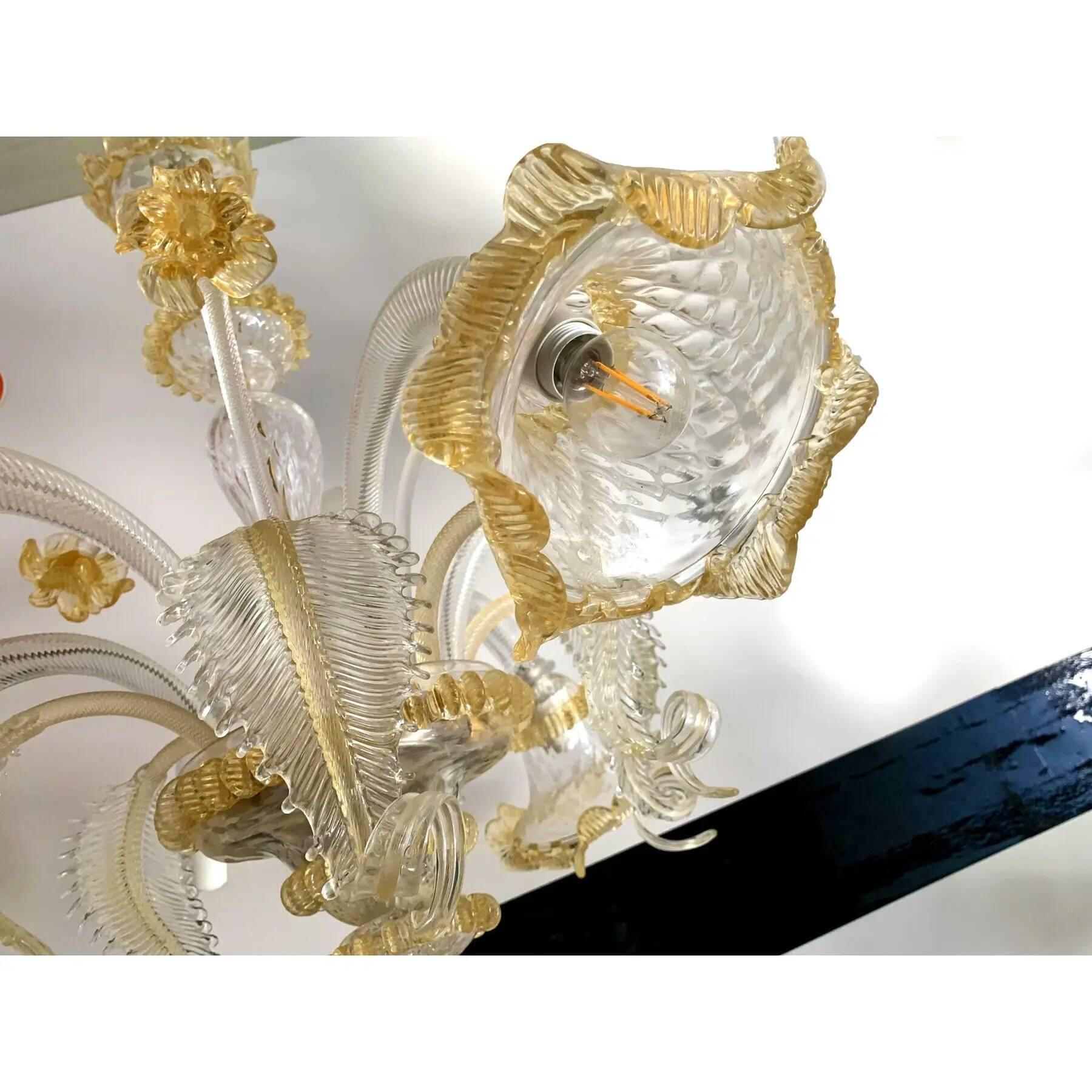 Venetian Murano-Style Glass Chandelier in Transparent and Gold with Flowers