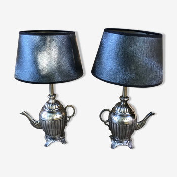 Teapot lamps silver metal (x2)