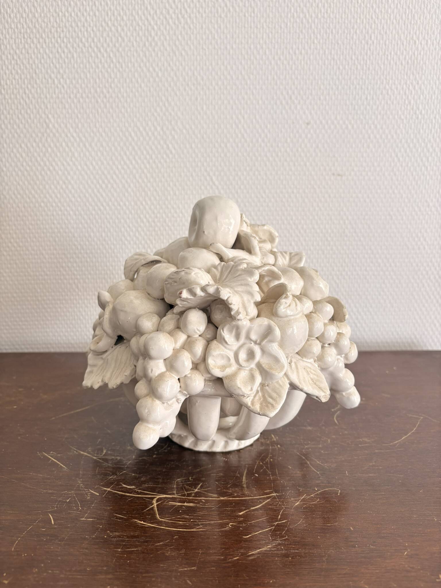 Ceramic Fruit Basket Sculpture Enamelled White 19th Century Malicorne