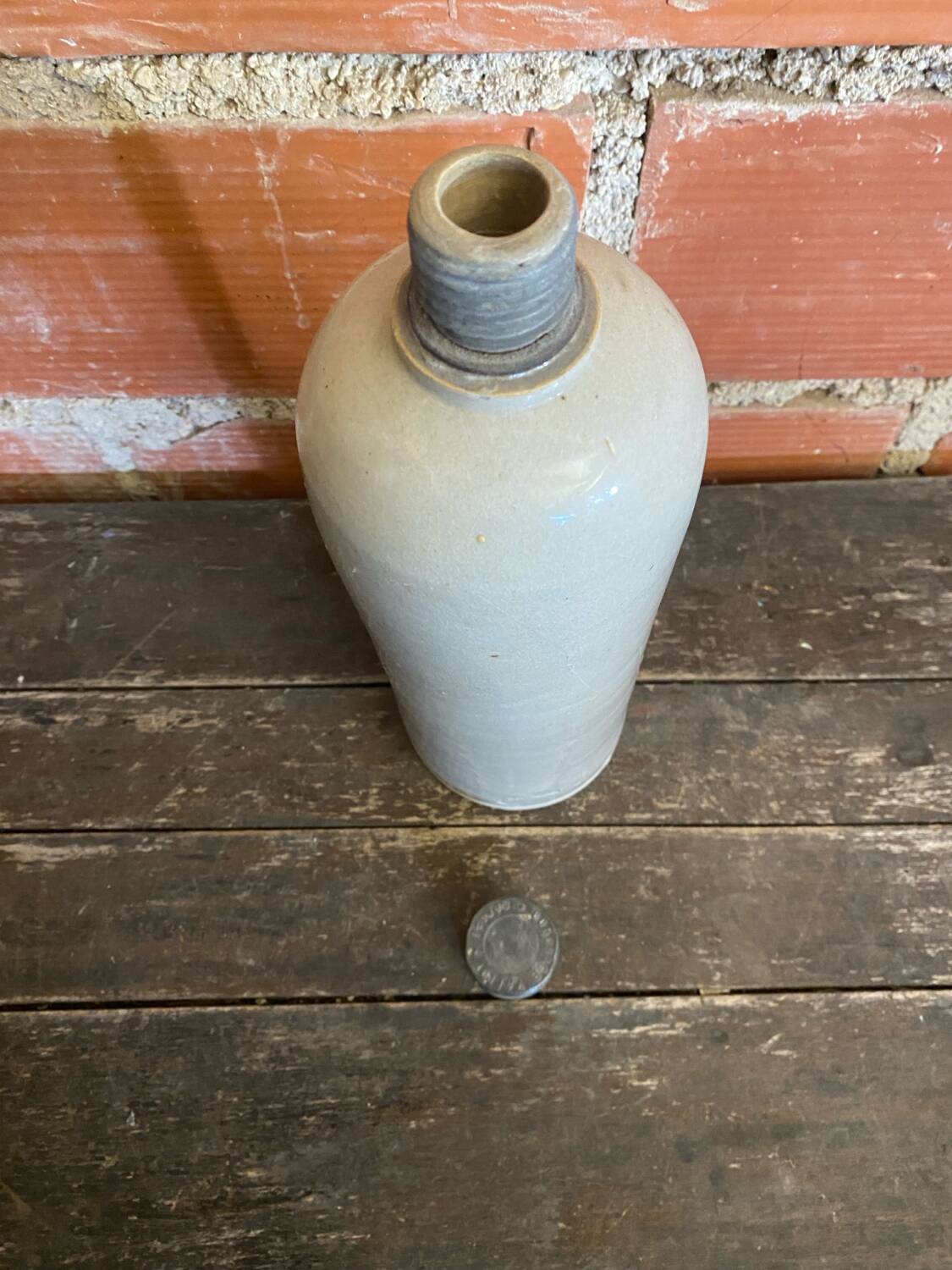 Vintage grey glazed stoneware bottle paul langeron with metal stopper