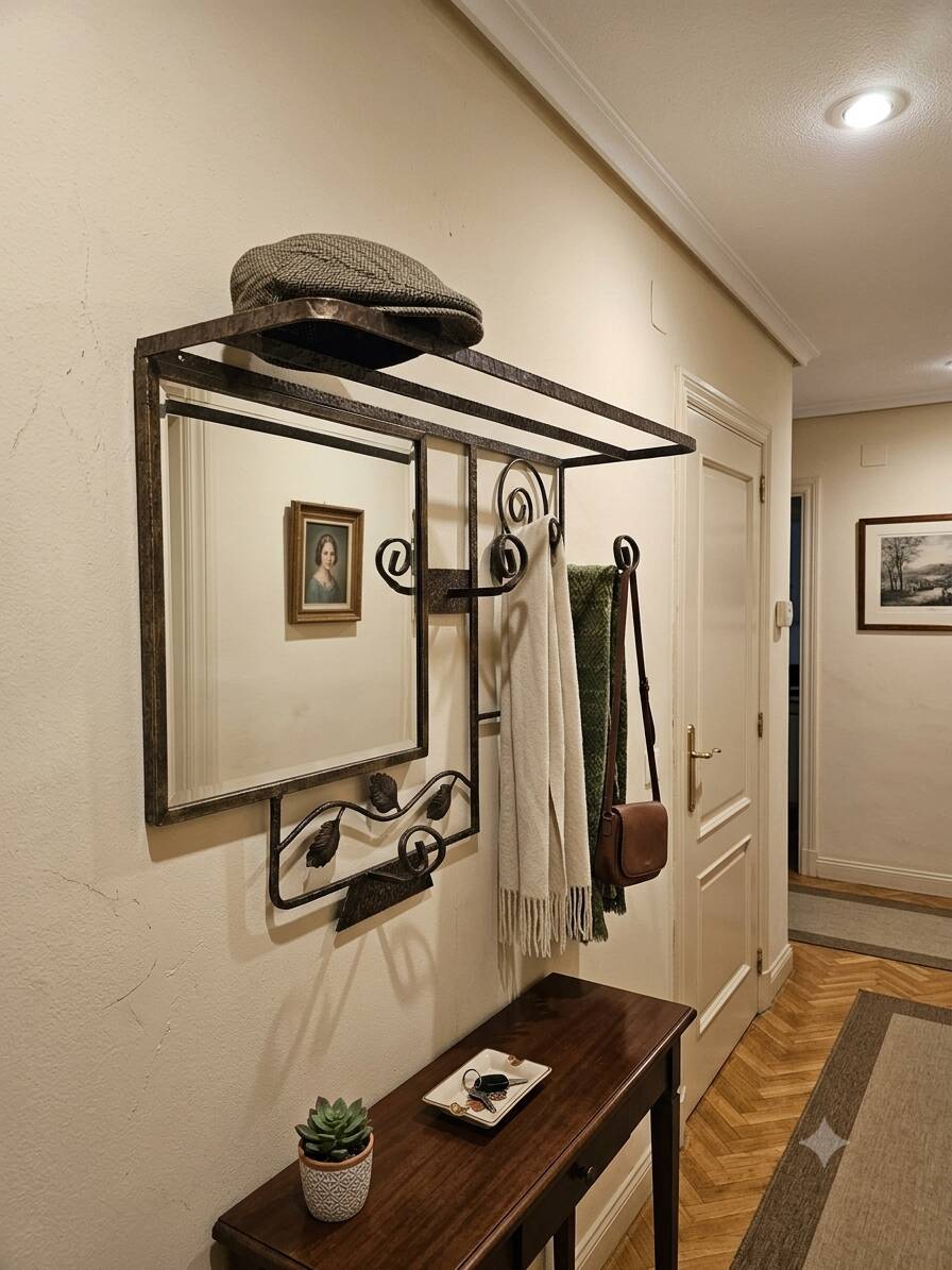 Art Deco coat rack in hammered wrought iron, 1950s.