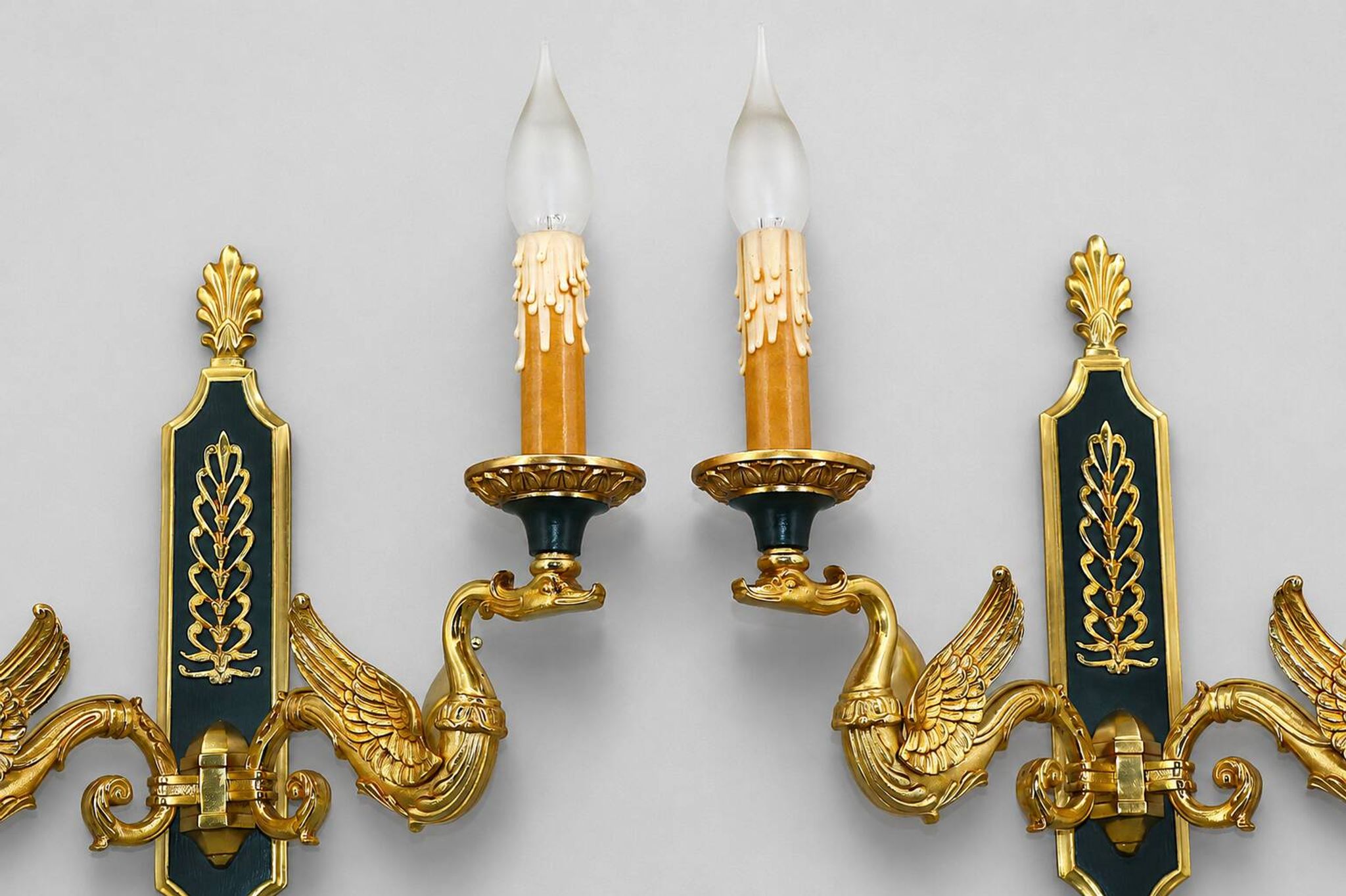 Pair of Gilded Bronze Wall Lights in Empire Style with Two Lights by Lucien Gau