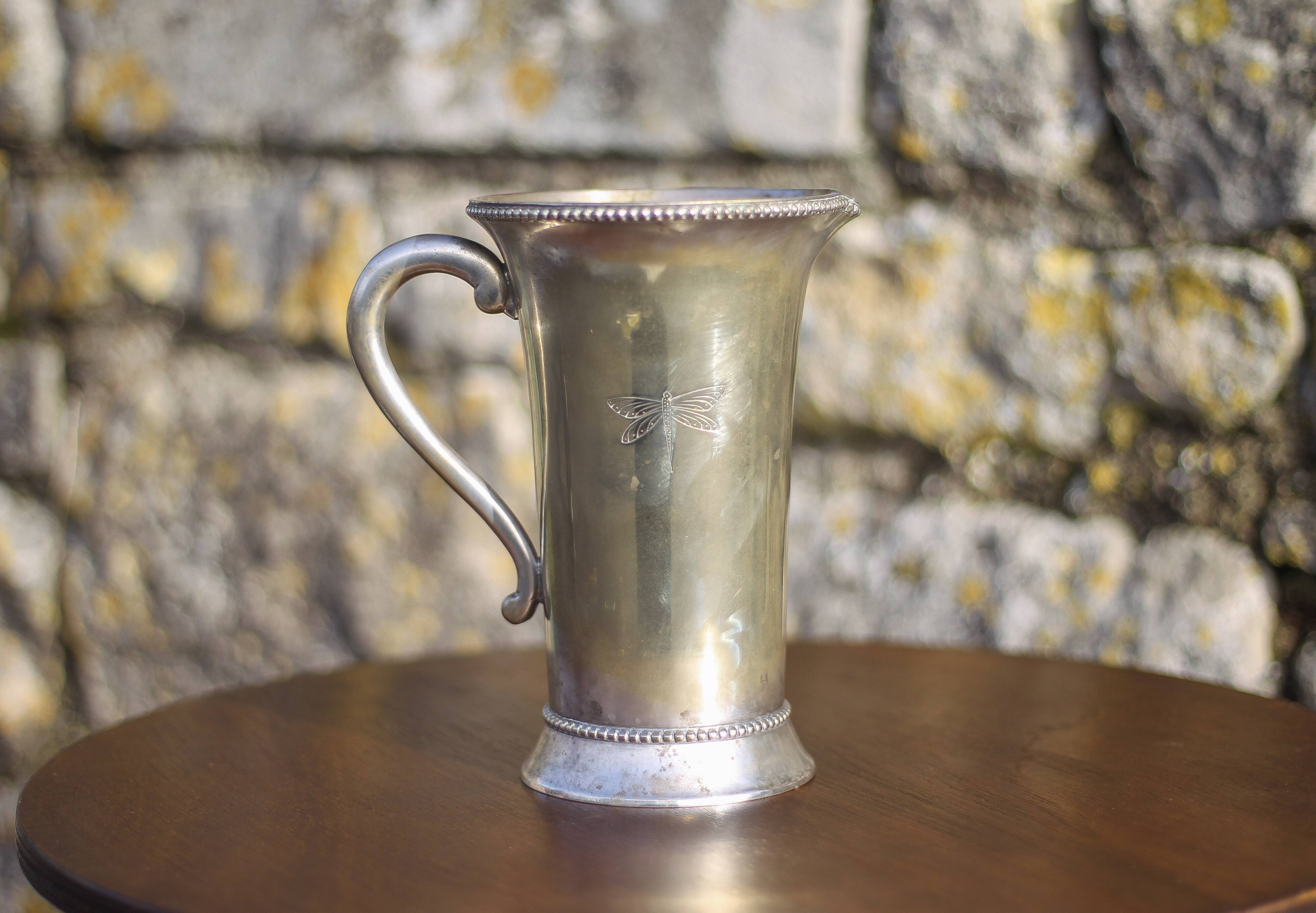 Antique metal carafe, jug, pitcher with handle, engraved dragonfly, collection