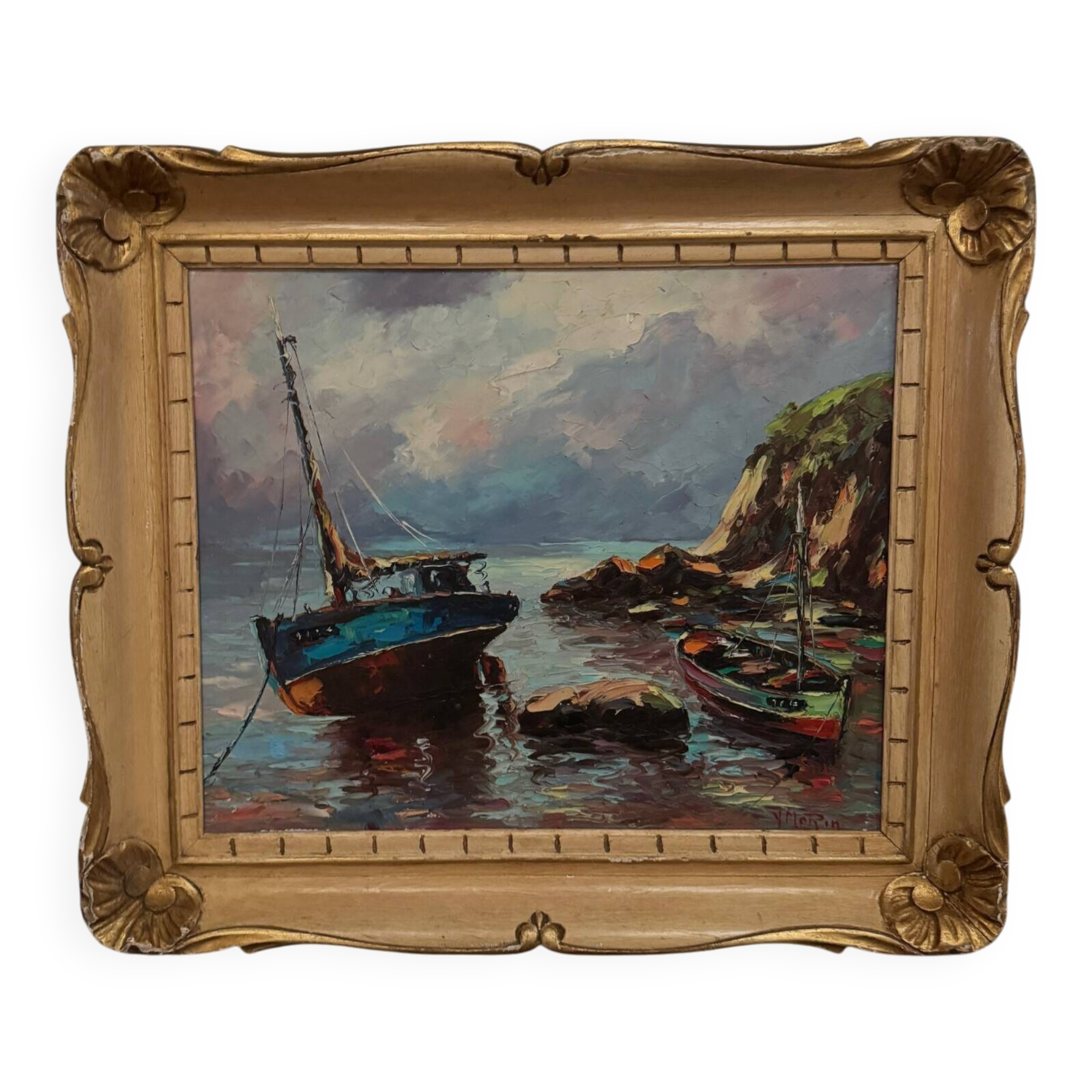 Oil on canvas fishing boats 1950 by Y. Morin