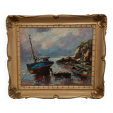 Oil on canvas fishing boats 1950 by Y. Morin